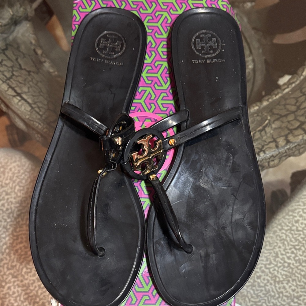 Tory Burch Black Thong Sandals with Gold Logo